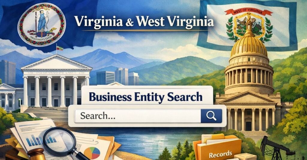 Complete Guide to Virginia Business Entity Search and West Virginia Business Entity Search Featured image illustrating Virginia and West Virginia business entity search concept, showing state capitol buildings, official seals, legal documents, and a central search bar representing online business registration lookup.