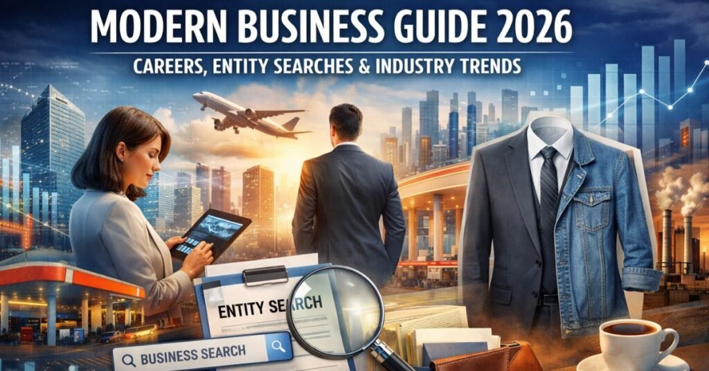 Business Navigation in 2026: From Career Opportunities to Entity Search and Everything In Between Modern Business Guide 2026 featured image showing professionals analyzing data, city skyline, business attire comparison, entity search documents, and corporate travel elements representing careers and industry trends.