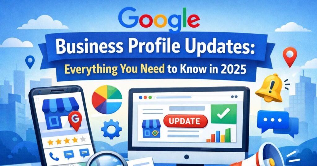 Google Business Profile Updates: Everything You Need to Know in 2025 Illustration of Google Business Profile updates in 2025 showing a smartphone listing, desktop dashboard with update button, analytics charts, map pin, reviews, and marketing icons in Google colors.