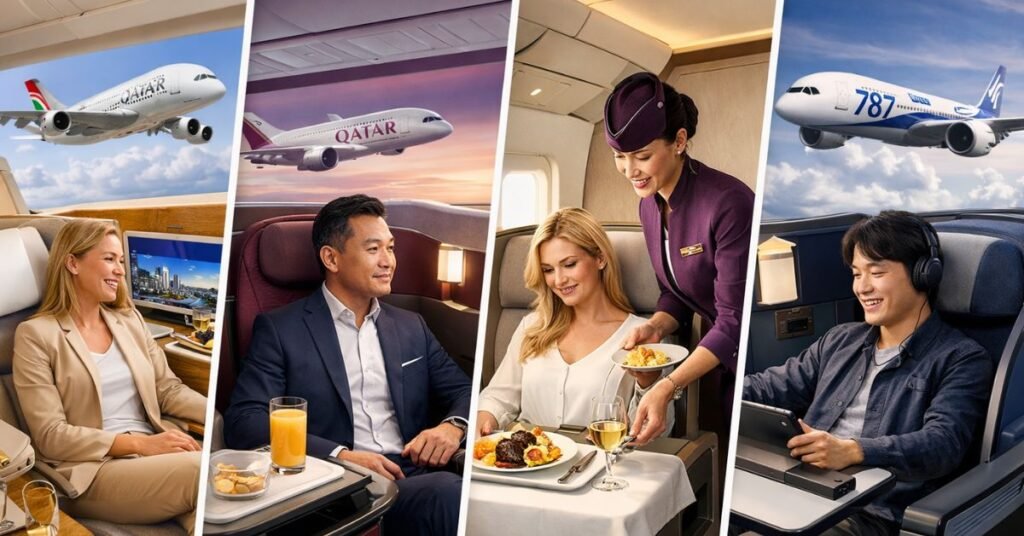 Premium Air Travel: Exploring Business Class Across Global Airlines “Business class cabins from leading global airlines showing luxury seats, gourmet dining, and in-flight entertainment during premium air travel.”