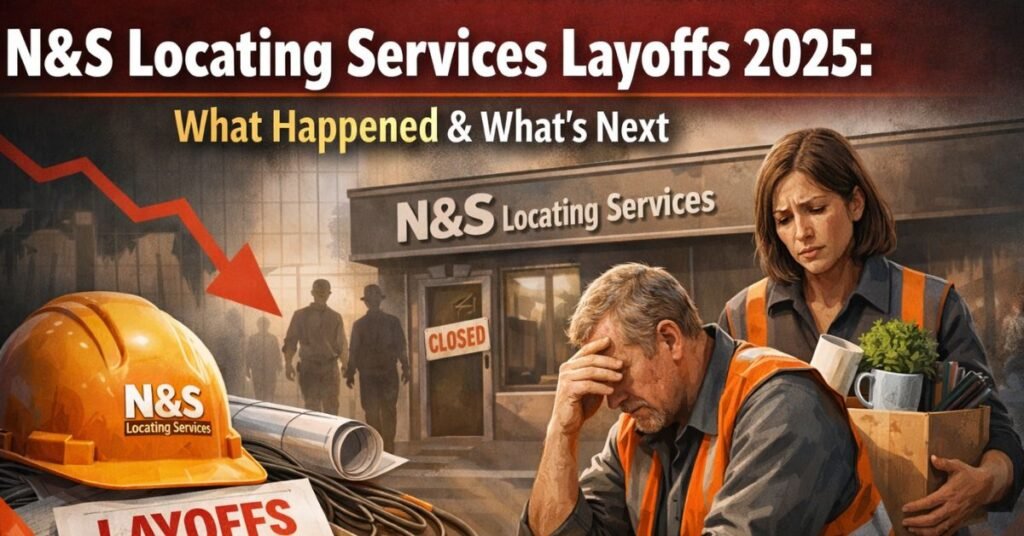 N&S Locating Services Layoffs 2025: What Happened & What's Next N&S Locating Services layoffs 2025 illustration showing distressed utility workers outside closed company office with layoff notice