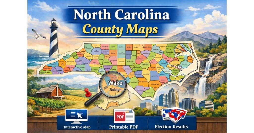 North Carolina County Map – Complete Guide to All 100 Counties Illustrated banner of North Carolina county map with labeled regions, coastal lighthouse, mountain waterfall, farmland, and city skyline, titled “North Carolina County Maps” with icons for interactive map, printable PDF, and election results.