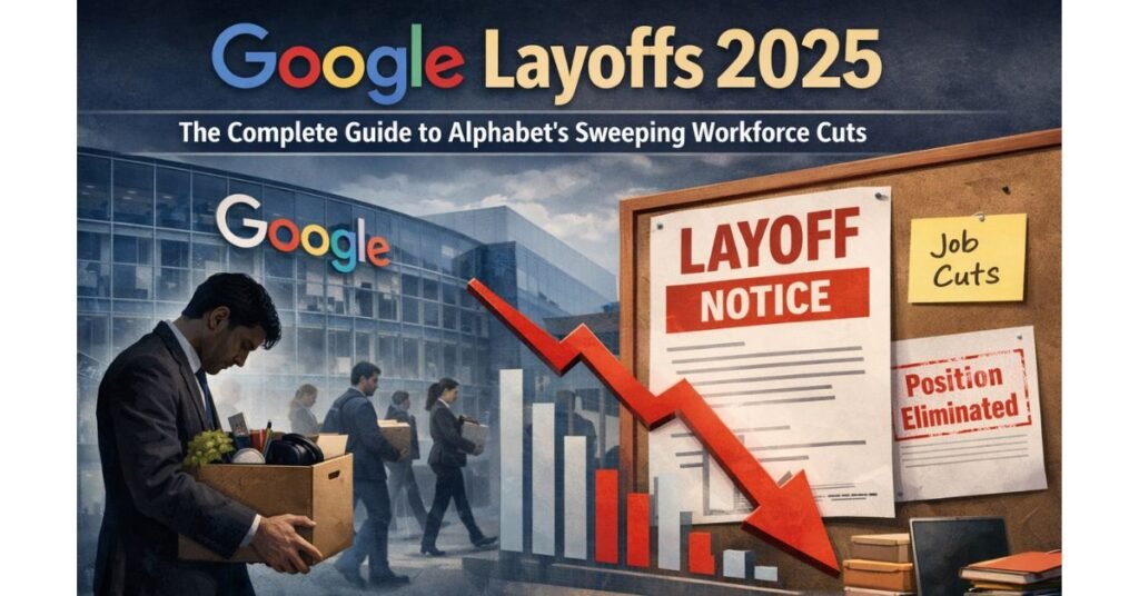 Google Layoffs 2025: The Complete Guide to Alphabet's Sweeping Workforce Cuts Illustration of Google layoffs 2025 showing employees leaving Google headquarters with boxes, a layoff notice board, and a downward financial chart symbolizing Alphabet’s workforce cuts.