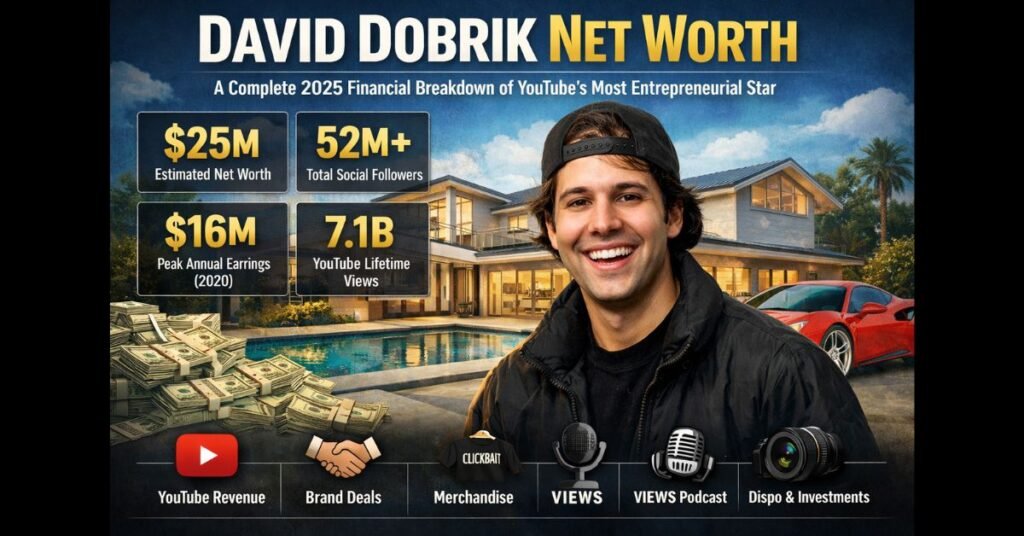 David Dobrik Net Worth David Dobrik Net Worth 2025 featured image showing David Dobrik smiling in front of a luxury mansion and red Ferrari, with highlighted stats including $25M estimated net worth, $16M peak earnings, 52M+ social followers, and 7.1B YouTube views.