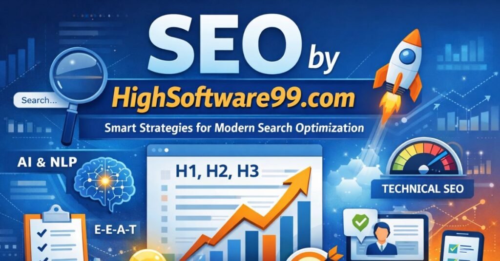 SEO by HighSoftware99.com featured image showing modern SEO strategies including AI optimization, technical SEO, E-E-A-T principles, and user intent for better search rankings.