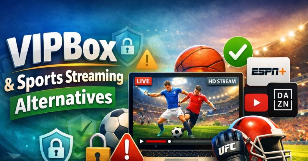 VIPBox: What It Is, How It Works, and Safe Alternatives for Watching Sports Online VIPBox sports streaming website concept showing laptop with live football match and sports icons representing online streaming alternatives.