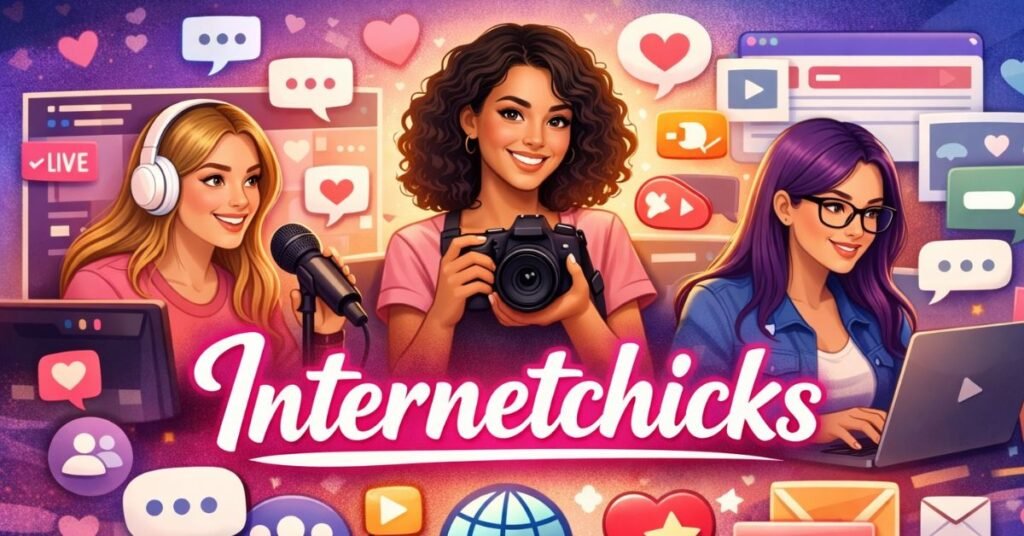 Internetchicks: What It Is and Why It’s Trending Online Internetchicks community illustration showing women creators using cameras, microphones, and laptops while engaging with social media and online content platforms.