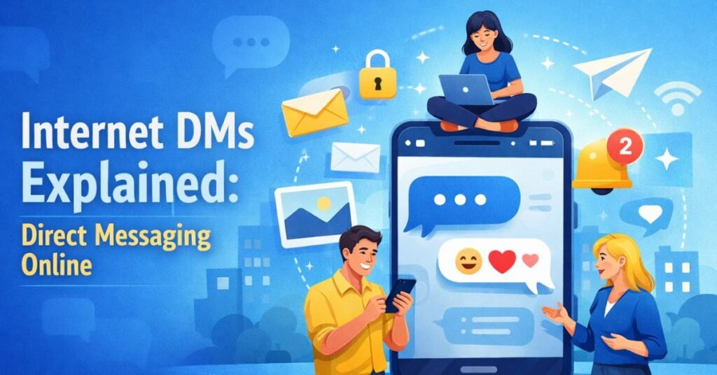 Internet DMs explained illustration showing people sending private messages on a smartphone with chat icons, notifications, and social media messaging symbols.