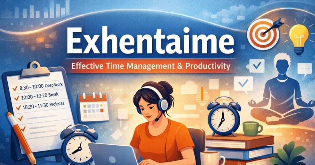Exhentaime: A Practical Guide to Smarter Time Management and Productivity Exhentaime productivity concept illustration showing a person working on a laptop with a time-blocked schedule, clocks, checklist, and focus icons representing effective time management.