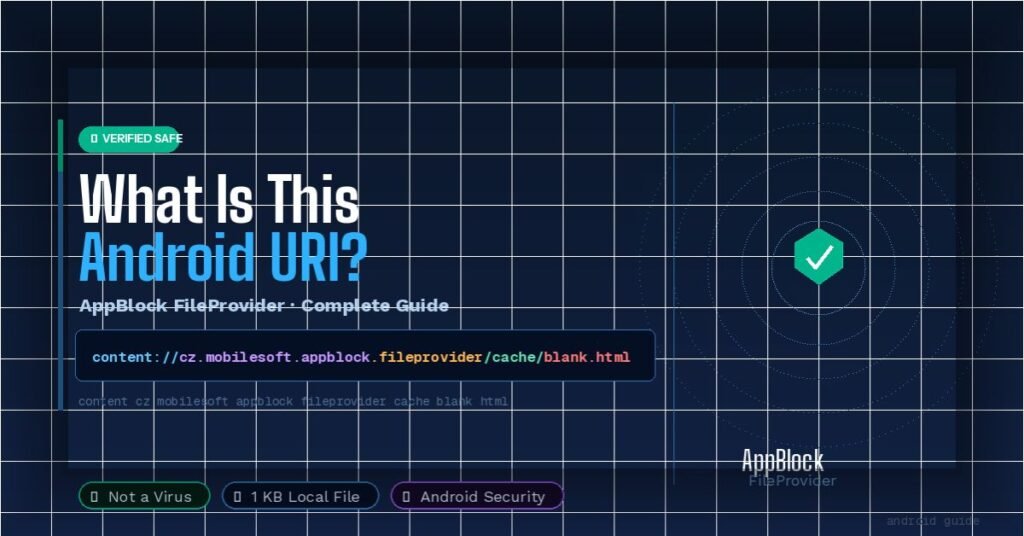 What Is content://cz.mobilesoft.appblock.fileprovider/cache/blank.html - Verified Safe Android URI Complete Guide featuring AppBlock FileProvider explanation with syntax-highlighted URI breakdown