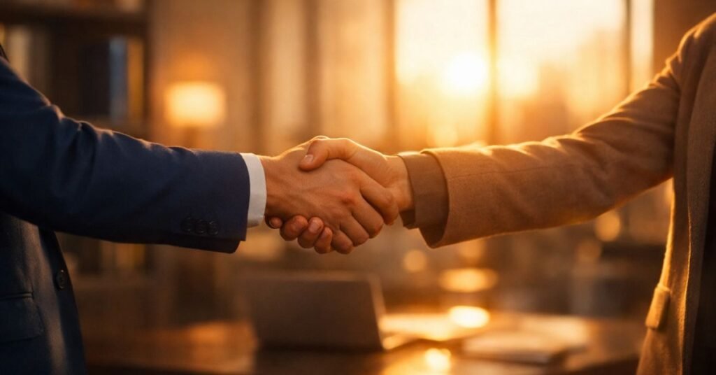 Two professionals shaking hands in a modern office — representing Dale Carnegie's principles from How to Win Friends and Influence People